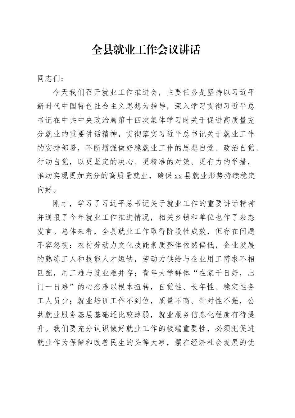 全县就业工作会议讲话20240906_第1页