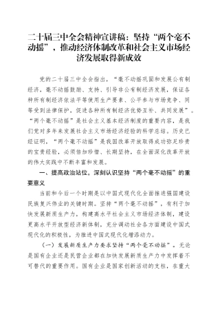三中全会精神宣讲稿：坚持“两个毫不动摇”,推动经济体制改革和社会主义市场经济发展取得新成效（党课）