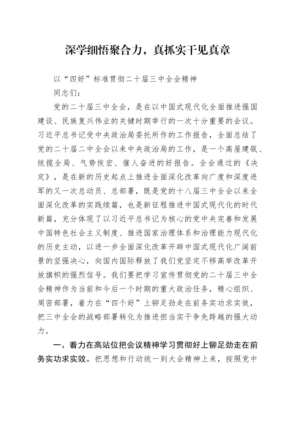 三中全会研讨发言：深学细悟聚合力，真抓实干见真章以“四好”标准全面贯彻全会精神_第1页