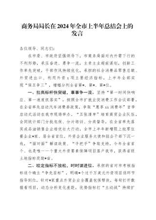 商务局局长在2024年全市上半年总结会上的发言