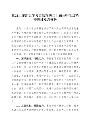 社会工作部长学习贯彻三中全会精神研讨发言材料心得体会20241009