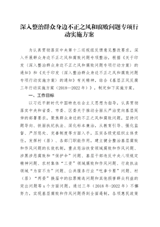 深入整治群众身边不正之风和腐败问题专项行动实施方案