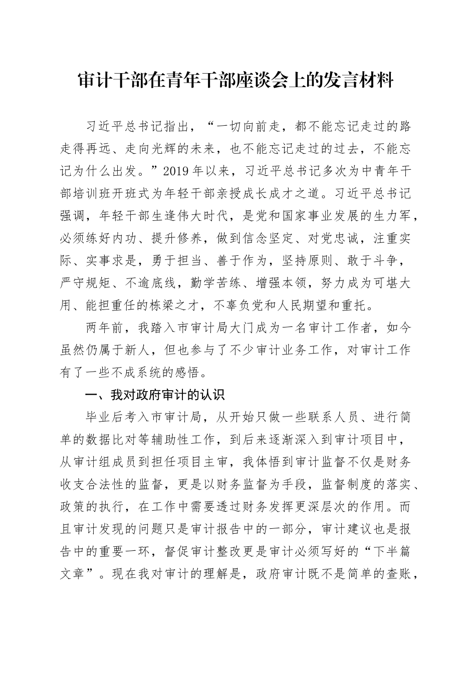 审计干部在青年干部座谈会上的发言材料_第1页