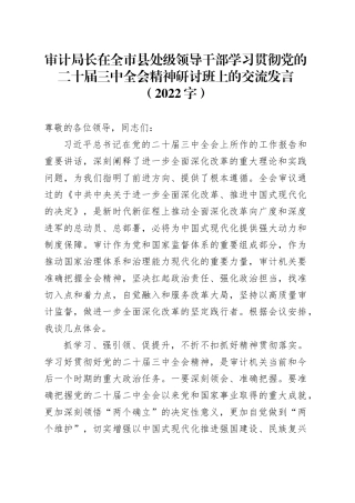 审计局长在全市县处级领导干部学习贯彻党的二十届三中全会精神研讨班上的交流发言（2022字）