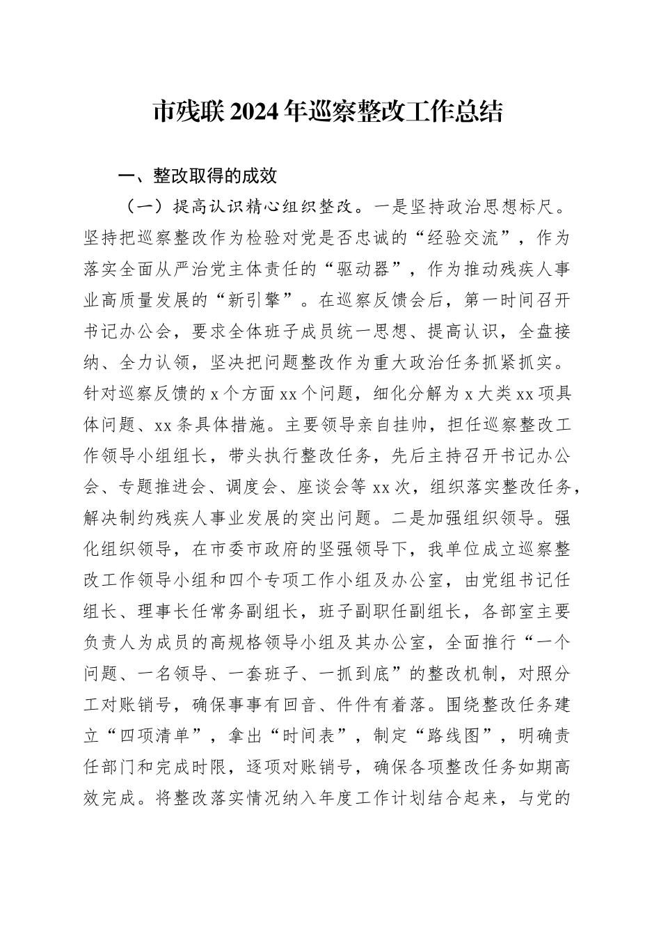 市残联2024年巡察整改工作总结_第1页