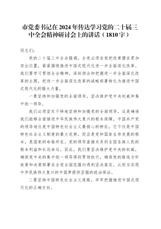 市党委书记在2024年传达学习党的二十届三中全会精神研讨会上的讲话（1810字）