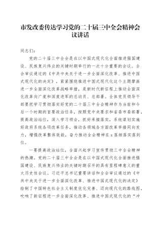 市发改委传达学习党的二十届三中全会精神会议讲话20240731
