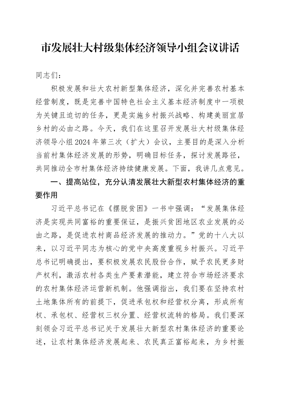 市发展壮大村级集体经济领导小组会议讲话20240816_第1页