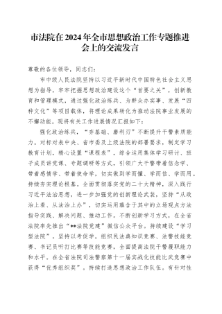 市法院在2024年全市思想政治工作专题推进会上的交流发言