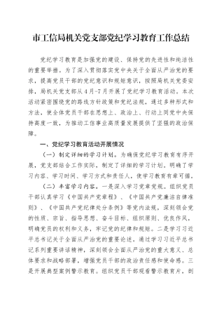 市工信局机关党支部党纪学习教育工作总结汇报报告含问题20240807