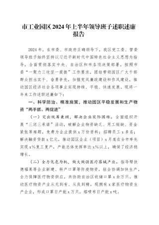 市工业园区2024年上半年领导班子述职述廉报告