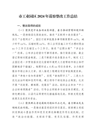 市工业园区2024年巡察整改工作总结