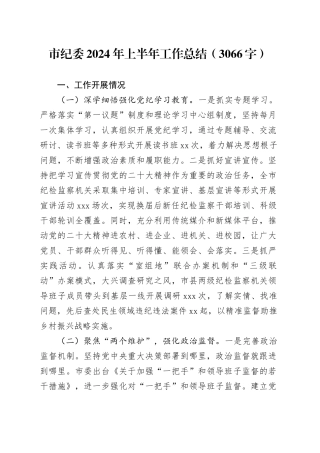 市纪委2024年上半年工作总结（3066字）