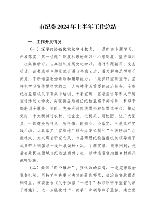 市纪委2024年上半年工作总结汇报报告20240828