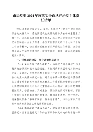 市局党组2024年度落实全面从严治党主体责任清单
