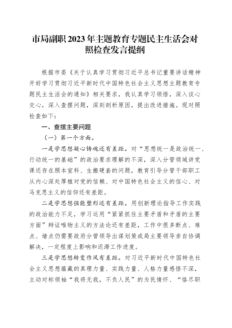 市局副职2023年主题教育专题民主生活会对照检查发言提纲_第1页