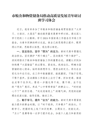 市粮食和物资储备局推动高质量发展青年研讨班学习心得体会