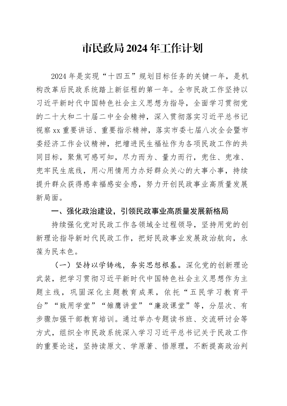 市民政局2024年工作计划（20240228）_第1页