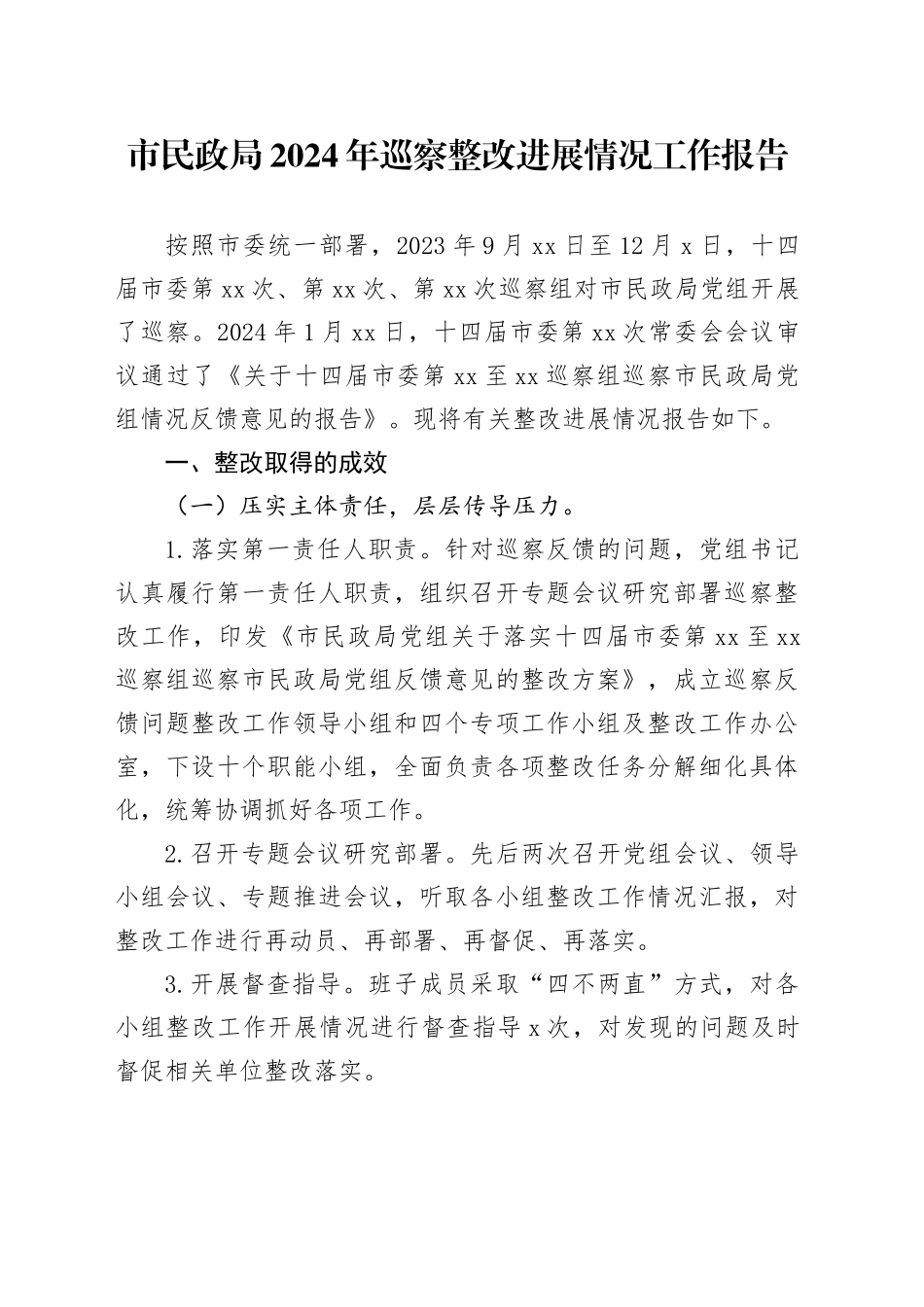 市民政局2024年巡察整改进展情况工作报告_第1页