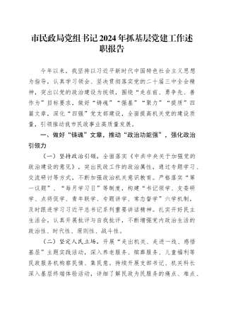 市民政局党组书记2024年抓基层党建工作述职报告