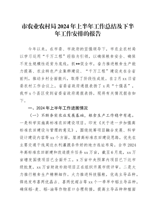 市农业农村局2024年上半年工作总结及下半年工作安排的报告