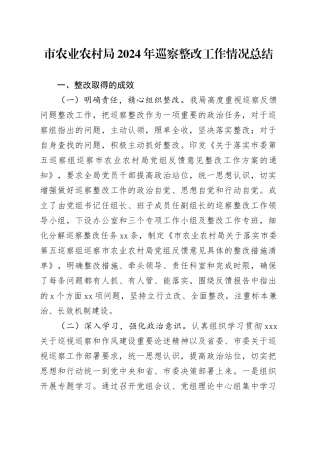 市农业农村局2024年巡察整改工作情况总结
