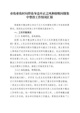 市农业农村局群众身边不正之风和腐败问题集中整治工作情况汇报