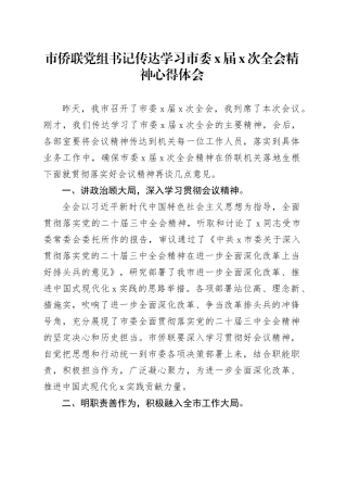 市侨联党组书记传达学习市委X届X次全会精神心得体会