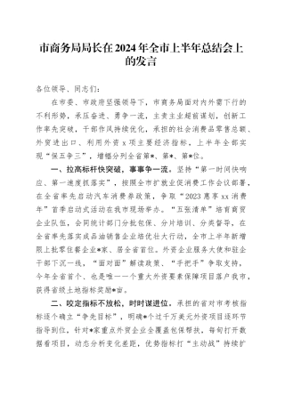 市商务局局长在2024年全市上半年总结会上的发言