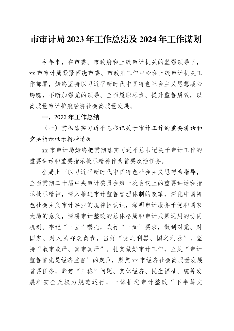 市审计局2023年工作总结及2024年工作谋划（20240119）_第1页
