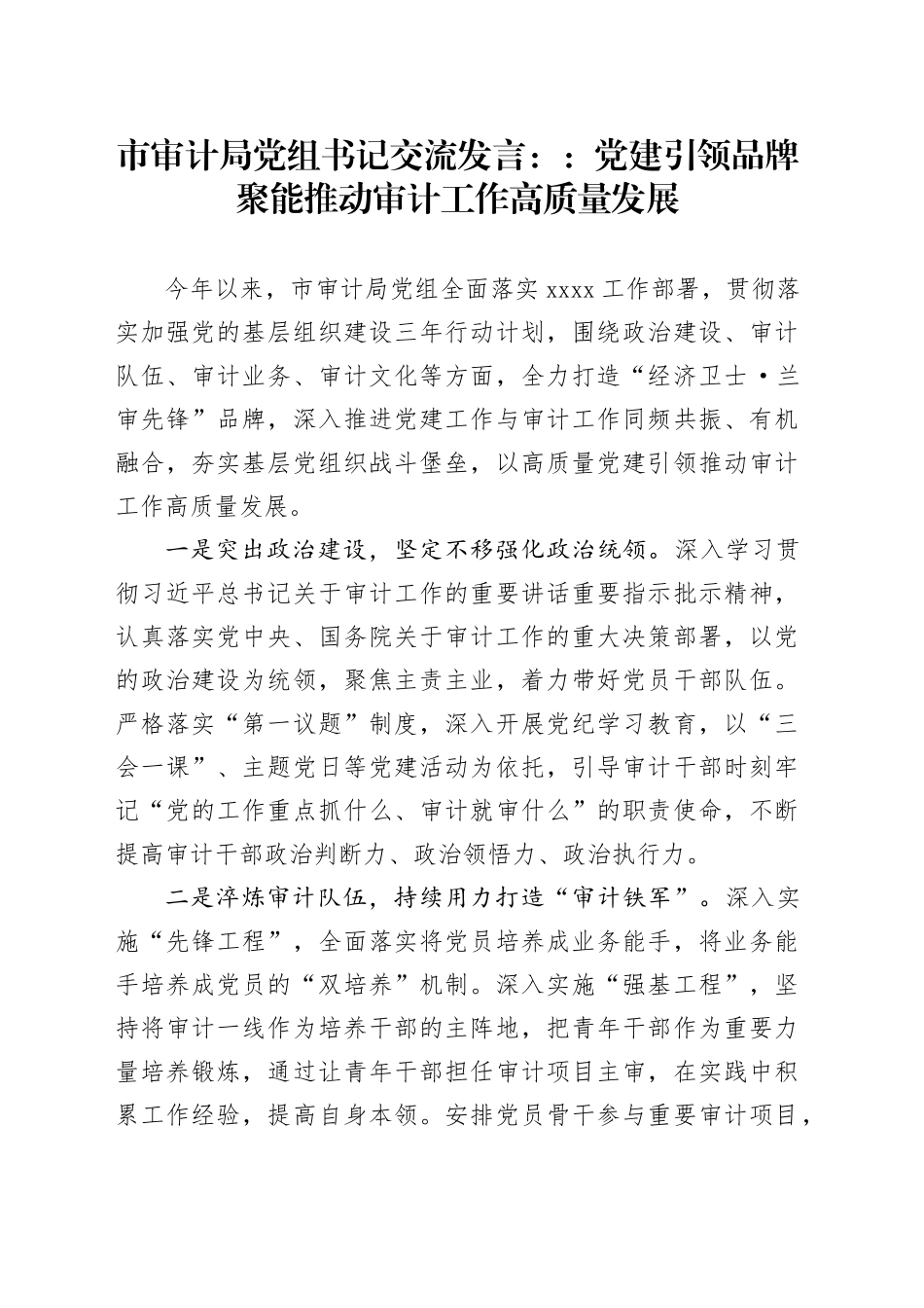 市审计局党组书记交流发言：党建引领 品牌聚能 推动审计工作高质量发展_第1页