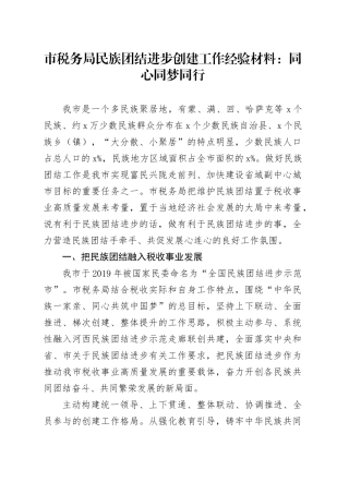 市税务局民族团结进步创建工作经验材料：同心同梦同行