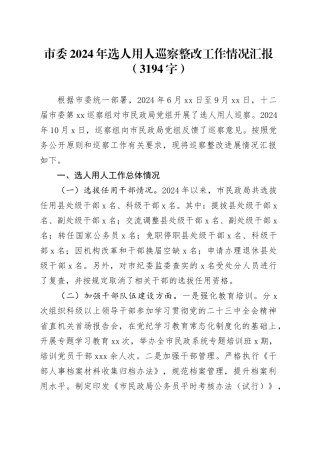 市委2024年选人用人巡察整改工作情况汇报（3194字）