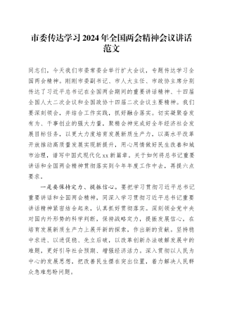 市委传达学习2024年全国两会精神会议讲话20240315