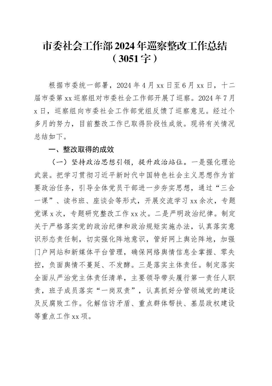 市委社会工作部2024年巡察整改工作总结（3051字）_第1页