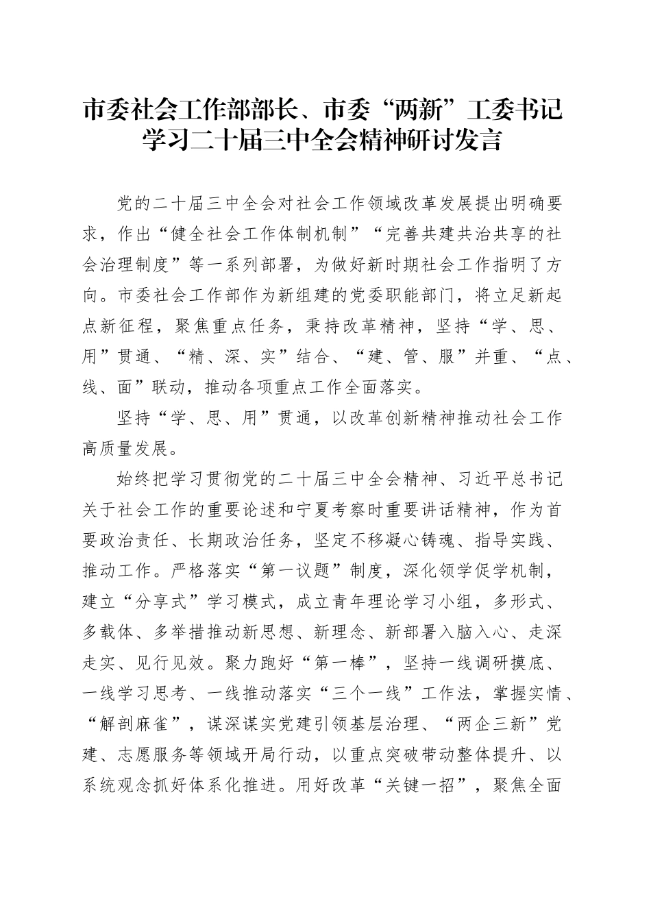 市委社会工作部部长、市委“两新”工委书记学习二十届三中全会精神研讨发言_第1页