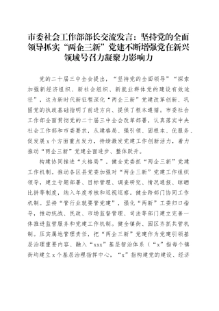市委社会工作部部长交流发言：坚持党的全面领导 抓实“两企三新”党建 不断增强党在新兴领域号召力凝聚力影响力