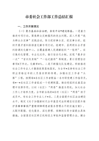 市委社会工作部工作总结汇报