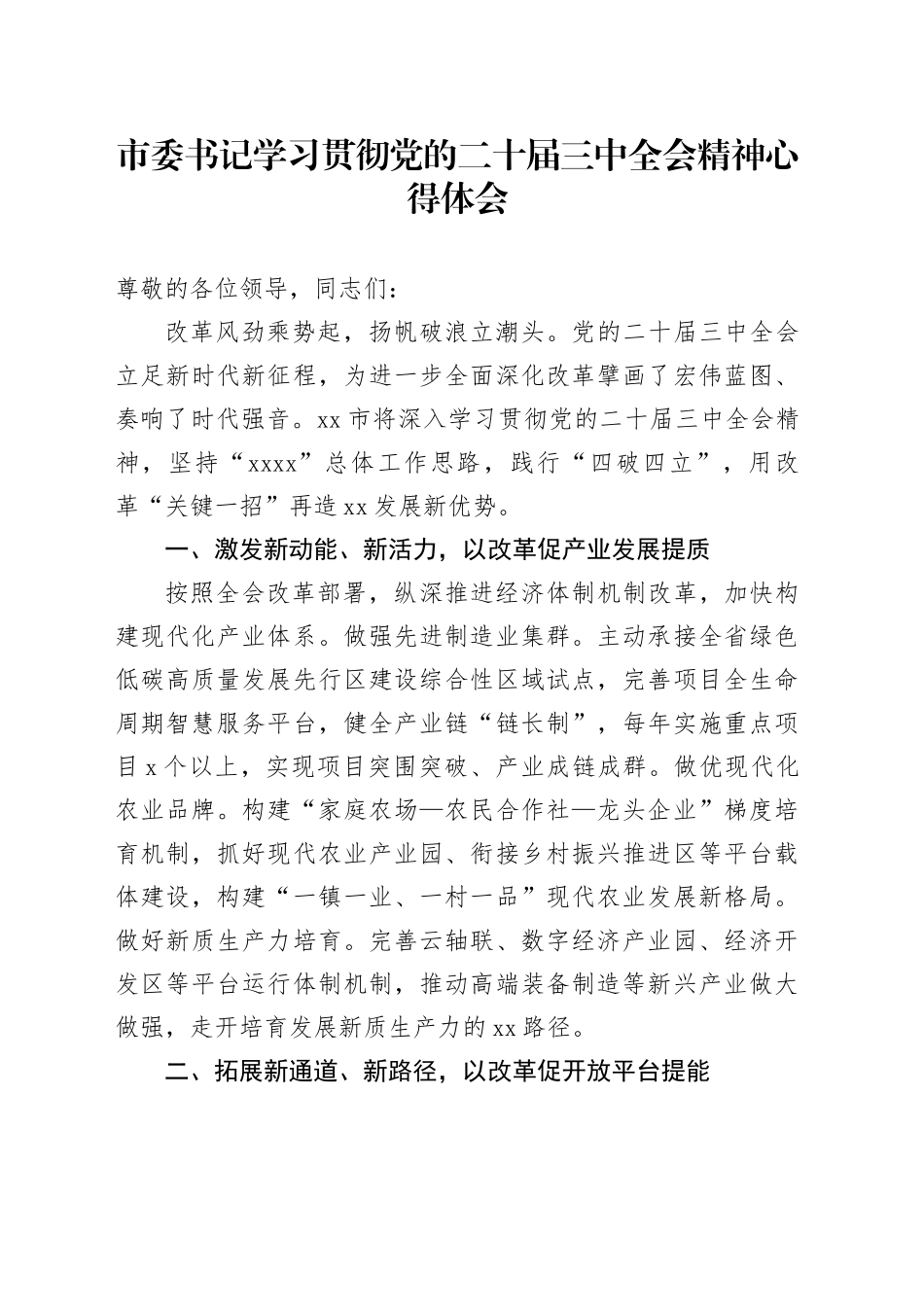 市委书记学习贯彻党的二十届三中全会精神心得体会20241011_第1页