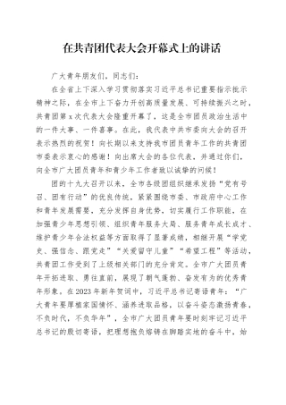市委书记在共青团代表大会开幕式上的讲话