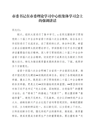 市委书记在市委理论学习中心组集体学习会上的强调讲话