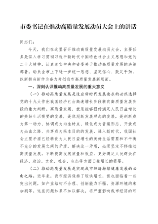 市委书记在推动高质量发展动员大会上的讲话