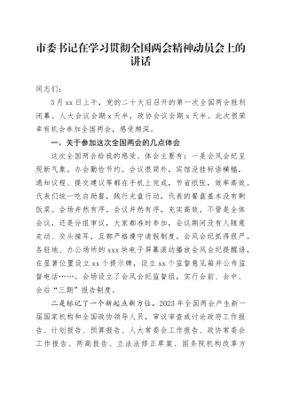 市委书记在学习贯彻全国两会精神动员会上的讲话