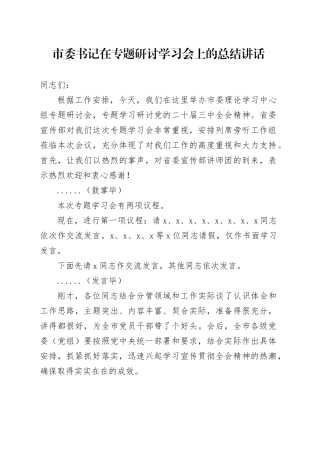 市委书记在专题研讨学习会上的总结讲话