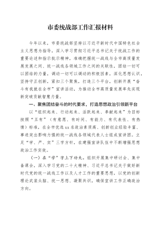 市委统战部工作汇报材料