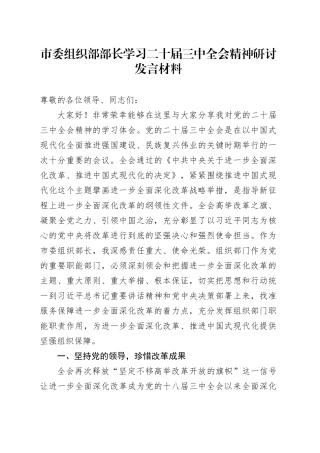 市委组织部部长学习二十届三中全会精神研讨发言材料心得体会20240814