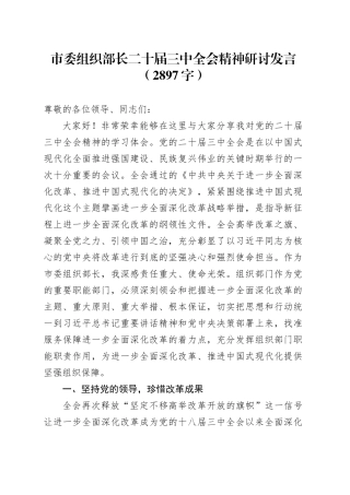 市委组织部长二十届三中全会精神研讨发言（2897字）