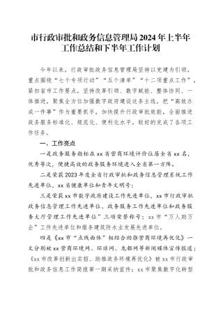 市行政审批和政务信息管理局2024年上半年工作总结和下半年工作计划