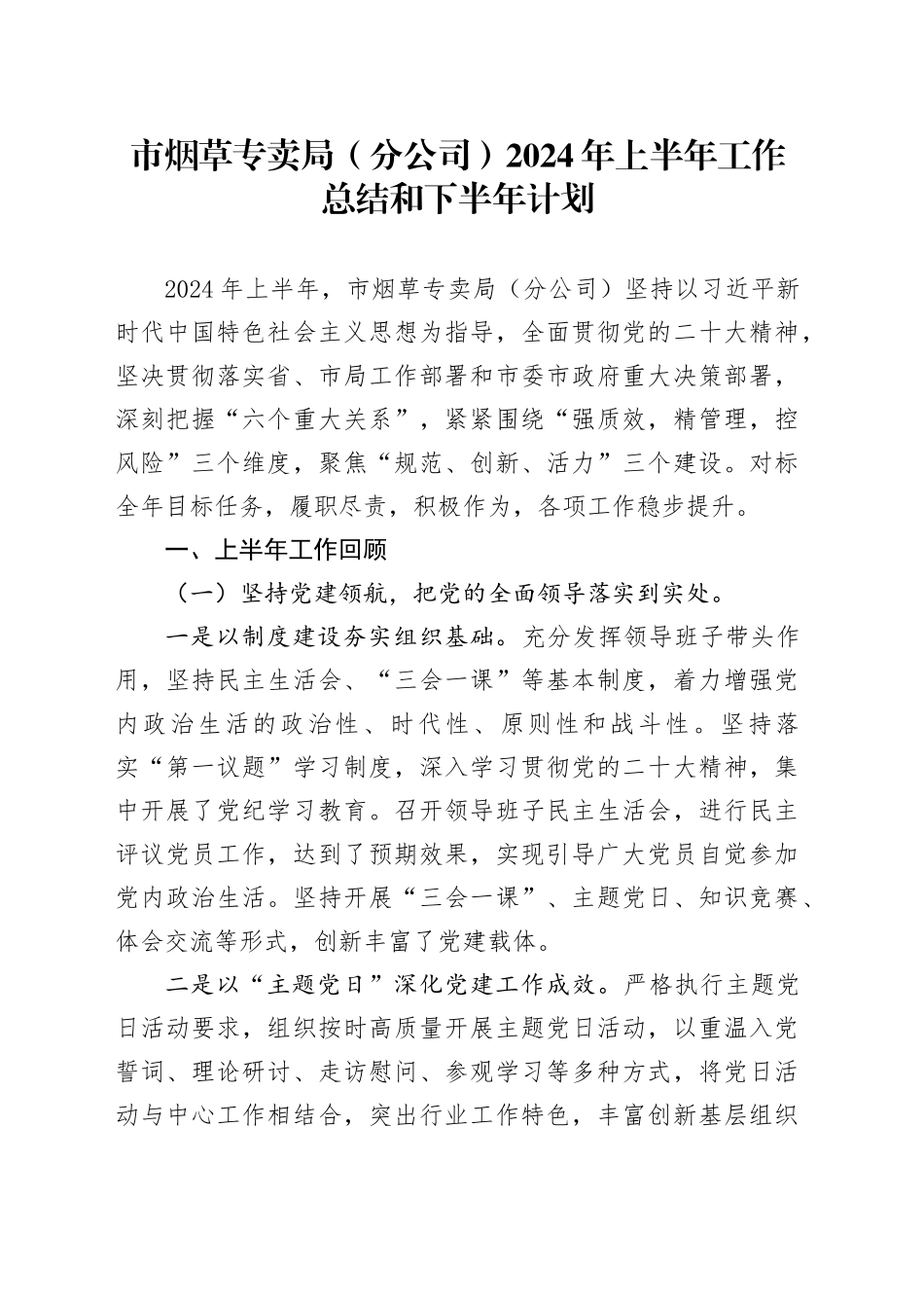 市烟草专卖局（分公司）2024年上半年工作总结和下半年计划_第1页