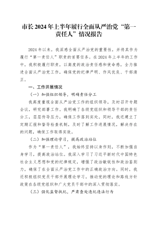 市长上半年履行全面从严治党“第一责任人”情况报告